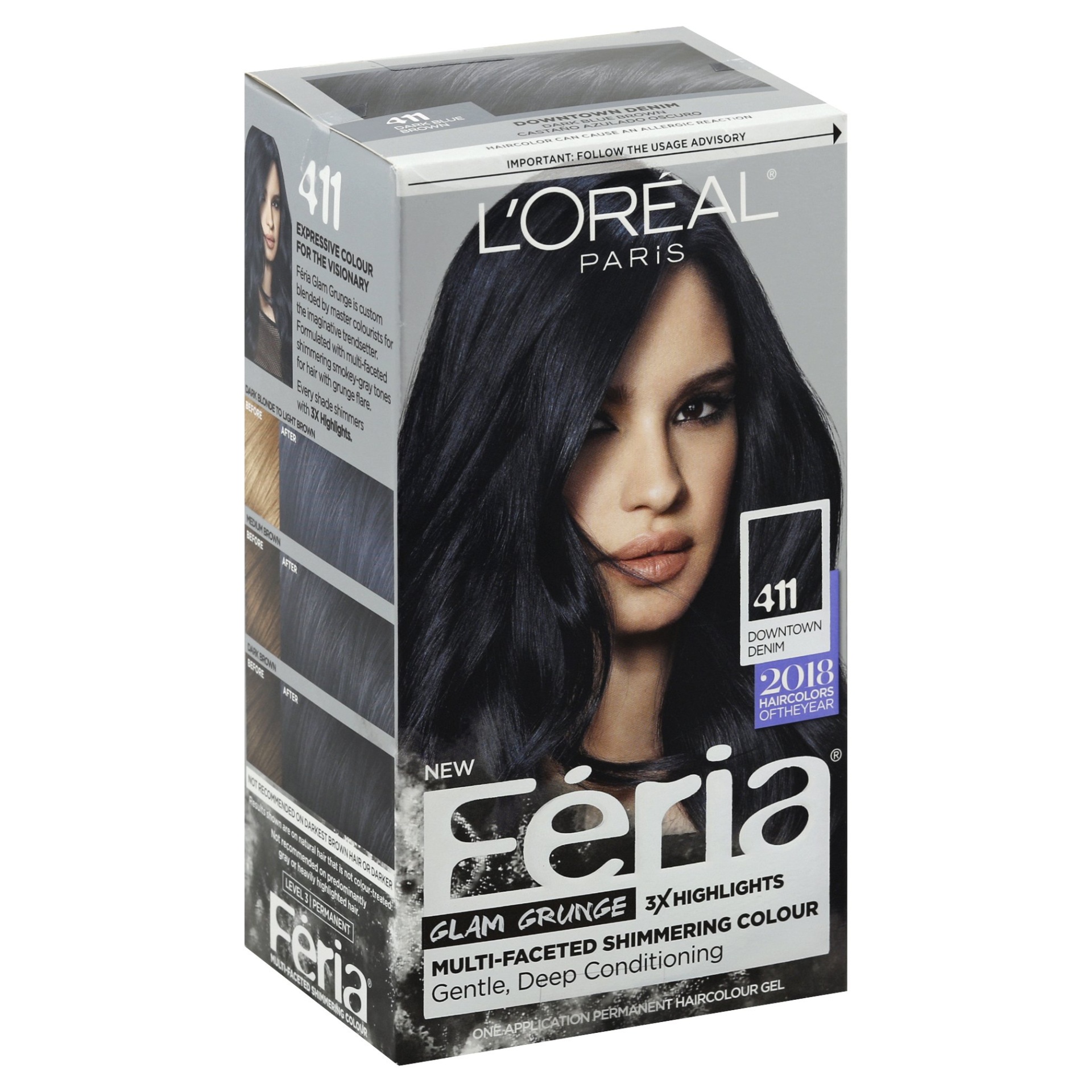 slide 1 of 8, L'Oréal Paris Feria Multi-faceted Shimmering Permanent Hair Color 411 Downtown Denim, 1 ct