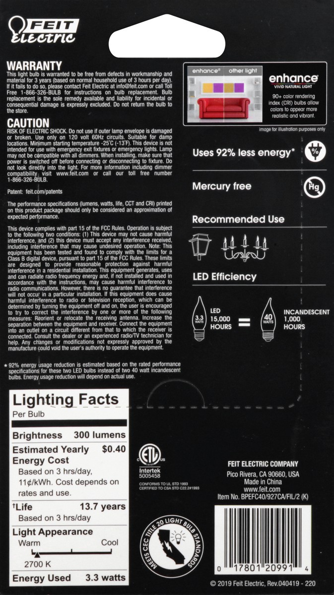 slide 5 of 9, Feit Electric Enhance LED 3.3 Watts Soft White Light Bulbs 2 ea, 2 ct