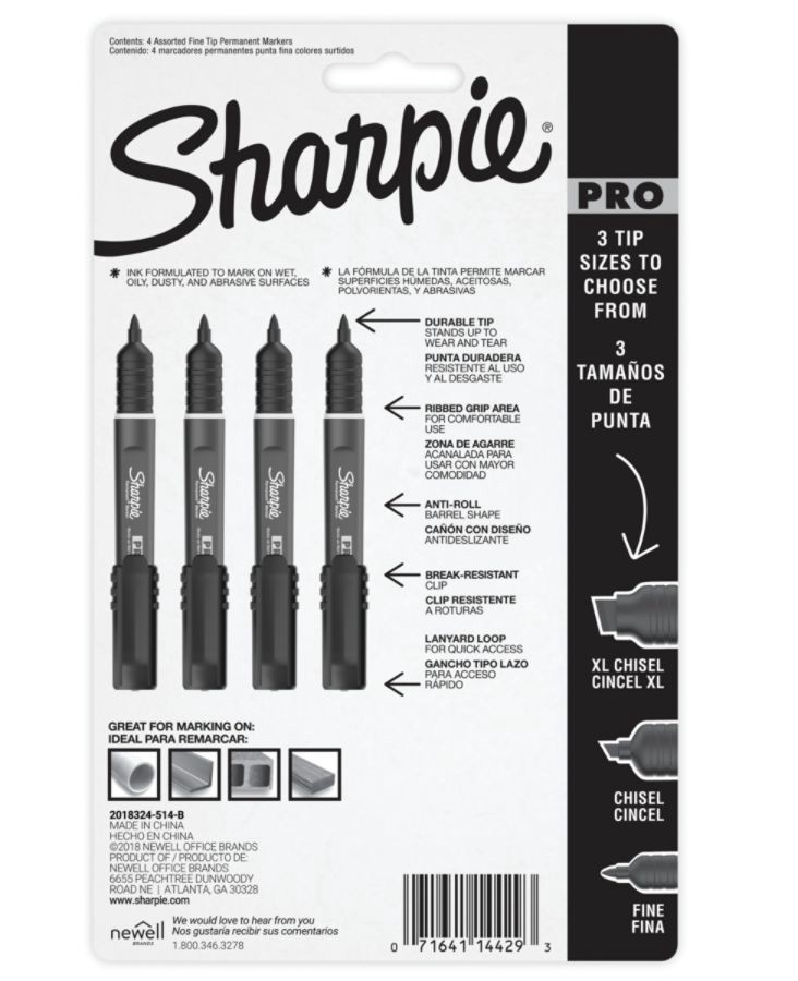 slide 4 of 6, Sharpie Pro Permanent Markers, Fine Point, Black/Gray Barrel, Assorted Ink Colors, Pack Of 4, 4 ct