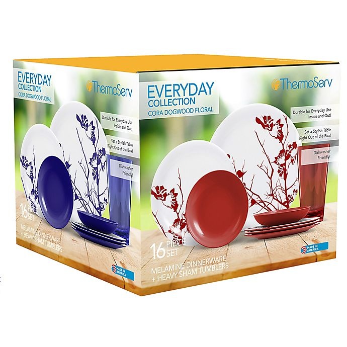 slide 3 of 3, ThermoServ Dogwood Floral Melamine Dinnerware Set - Merlot, 16 ct