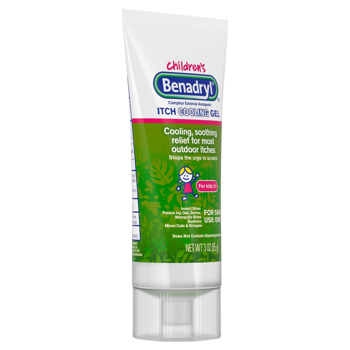 slide 3 of 7, Benadryl Anti-Itch Cooling Gel for Kids, Topical Camphor Gel to Relief Pain & Itching of Most Outdoor Itches, Diphenhydramine Free, Travel Size, 3 oz, 3 oz