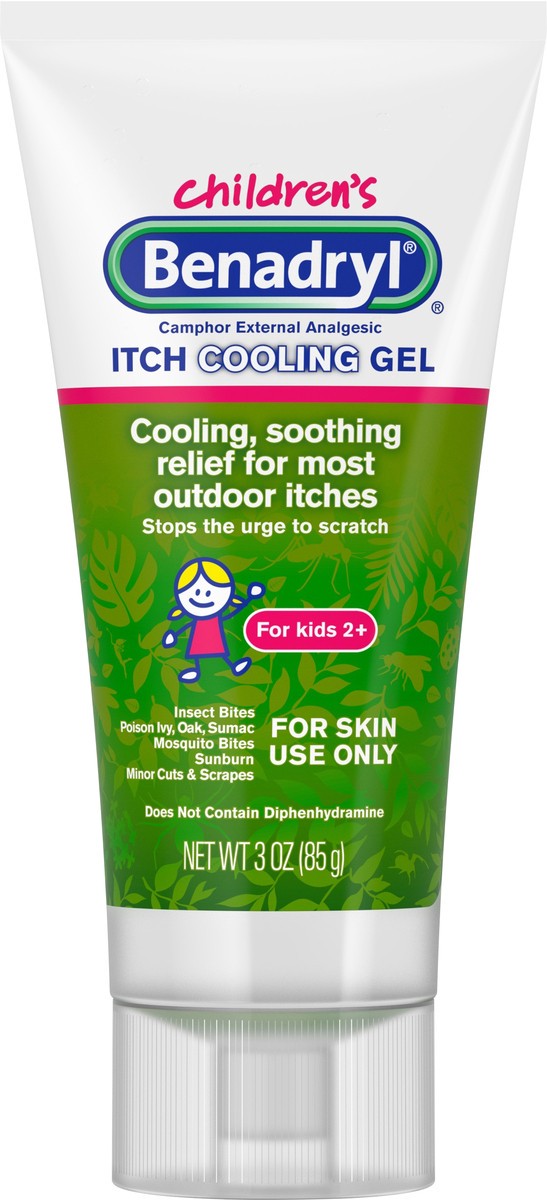 slide 2 of 7, Benadryl Anti-Itch Cooling Gel for Kids, Topical Camphor Gel to Relief Pain & Itching of Most Outdoor Itches, Diphenhydramine Free, Travel Size, 3 oz, 3 oz