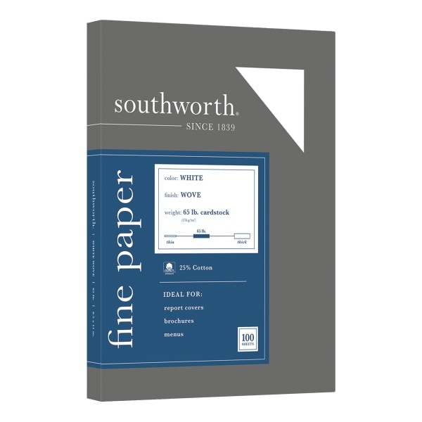 slide 1 of 2, Southworth 25% Cotton Wove Cover Stock, Letter Size, White, Pack Of 100 Sheets, 100 ct