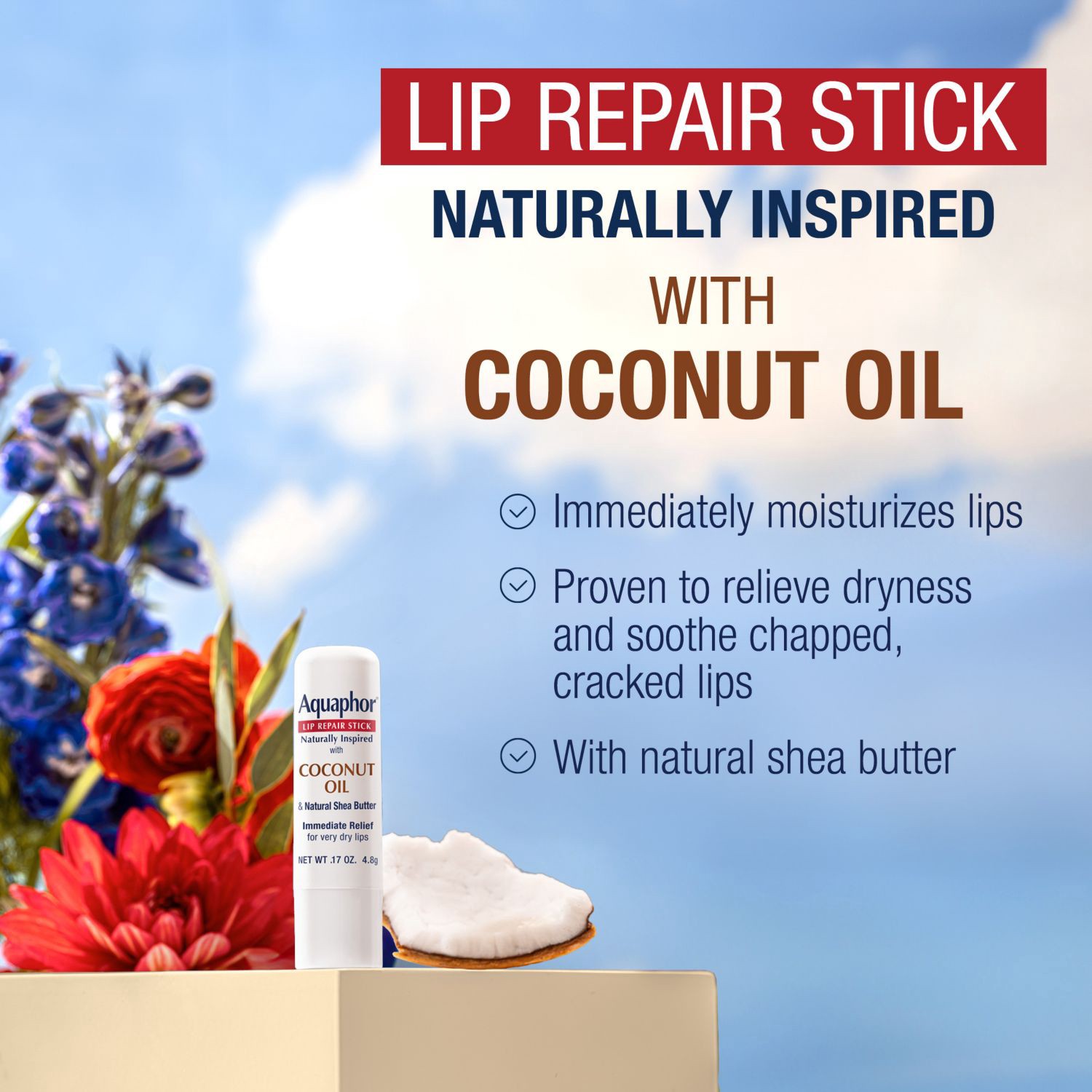 slide 7 of 8, Aquaphor Lip Naturals, Coconut, 0.17 oz