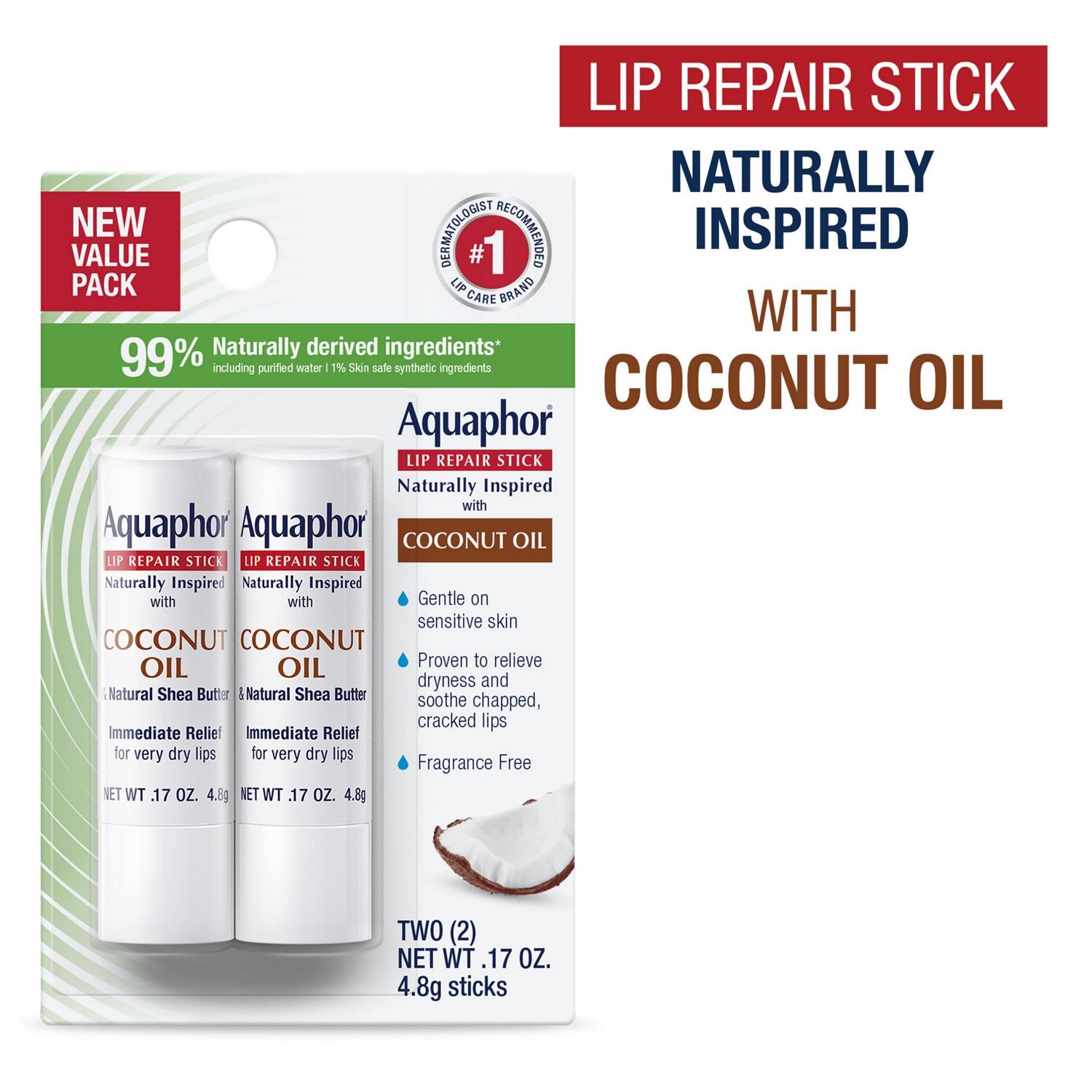 slide 3 of 5, Aquaphor Lip Naturals, Coconut, 2 Ct, 0.17 oz