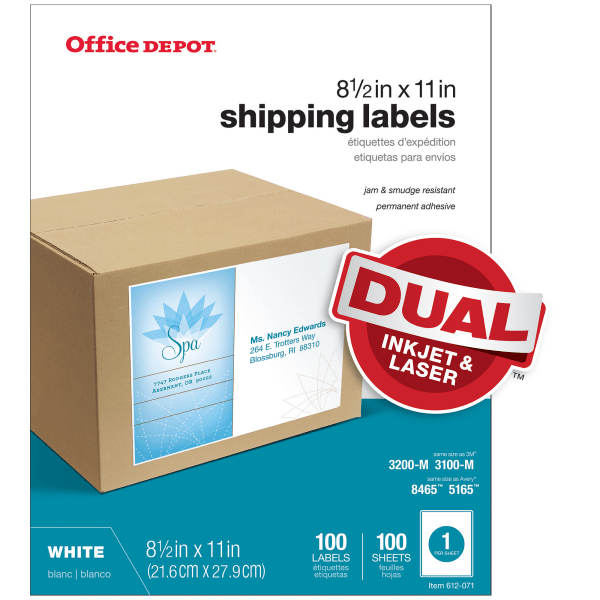 slide 1 of 2, Office Depot Brand White Inkjet/Laser Permanent Full-Sheet Labels, 505-O004-0012, 8 1/2'' X 11'', Box Of 100, 100 ct