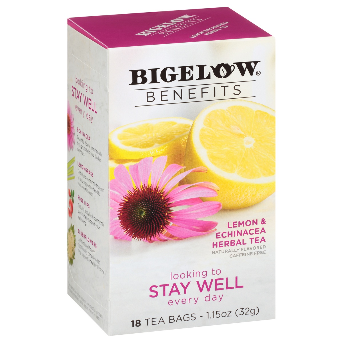 slide 2 of 9, Bigelow Benefits Stay Well Lemon Echinacea Herbal Tea Bags, 18 ct