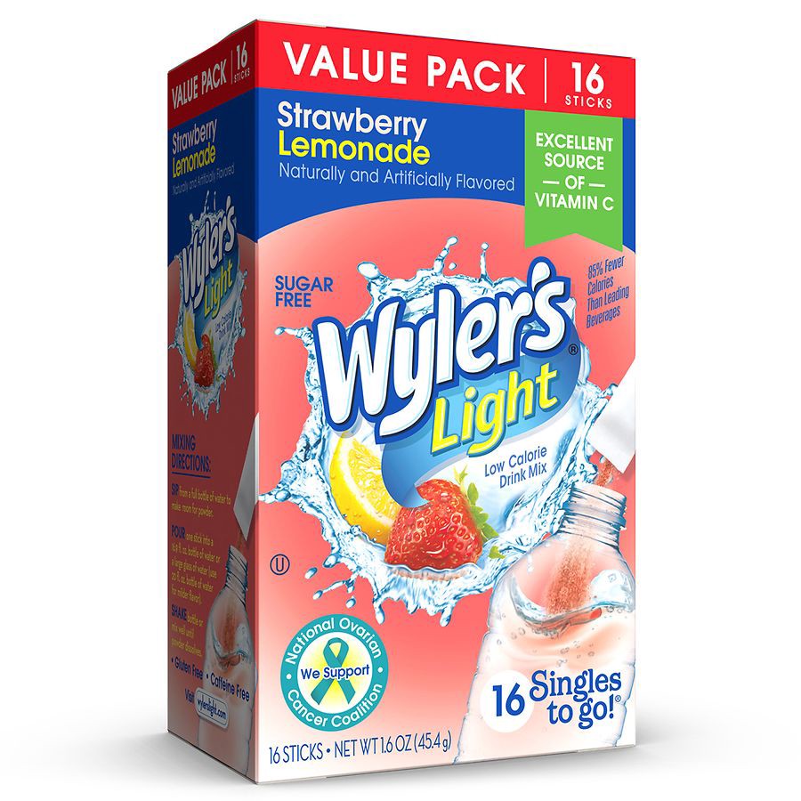 slide 1 of 1, Wyler's Drink Mix Strawberry Lemonade, 0.1 oz x 16 ct