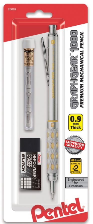 slide 2 of 2, Pentel Graph Gear 1000 Mechanical Drafting Pencil, Silver/Yellow Barrel, 0.9 mm