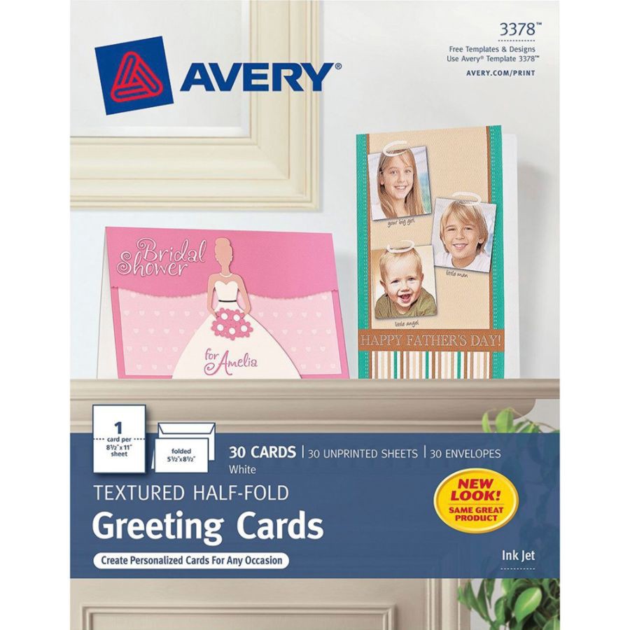 slide 2 of 3, Avery Half-Fold Textured Greeting Cards, White, 30 ct; 5 1/2 in x 8 1/2 in