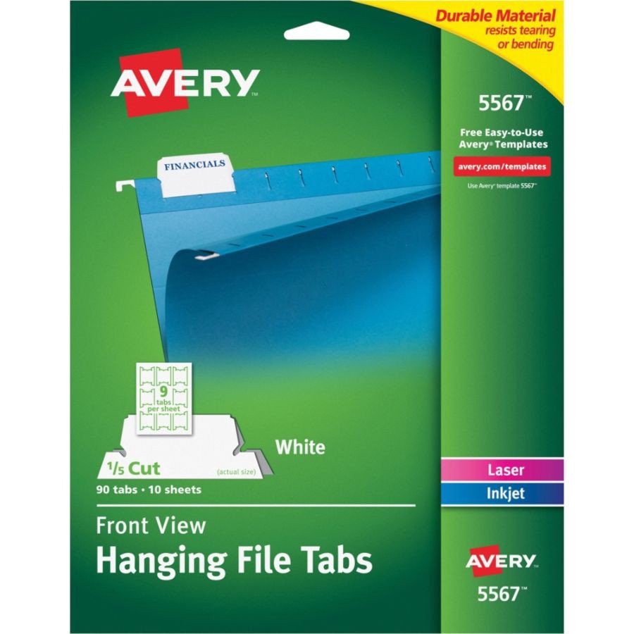 slide 3 of 3, Avery Top View Inkjet/Laser Hanging File Folder Tabs, 5567, 90 ct; 3 in x 1 1/4 in