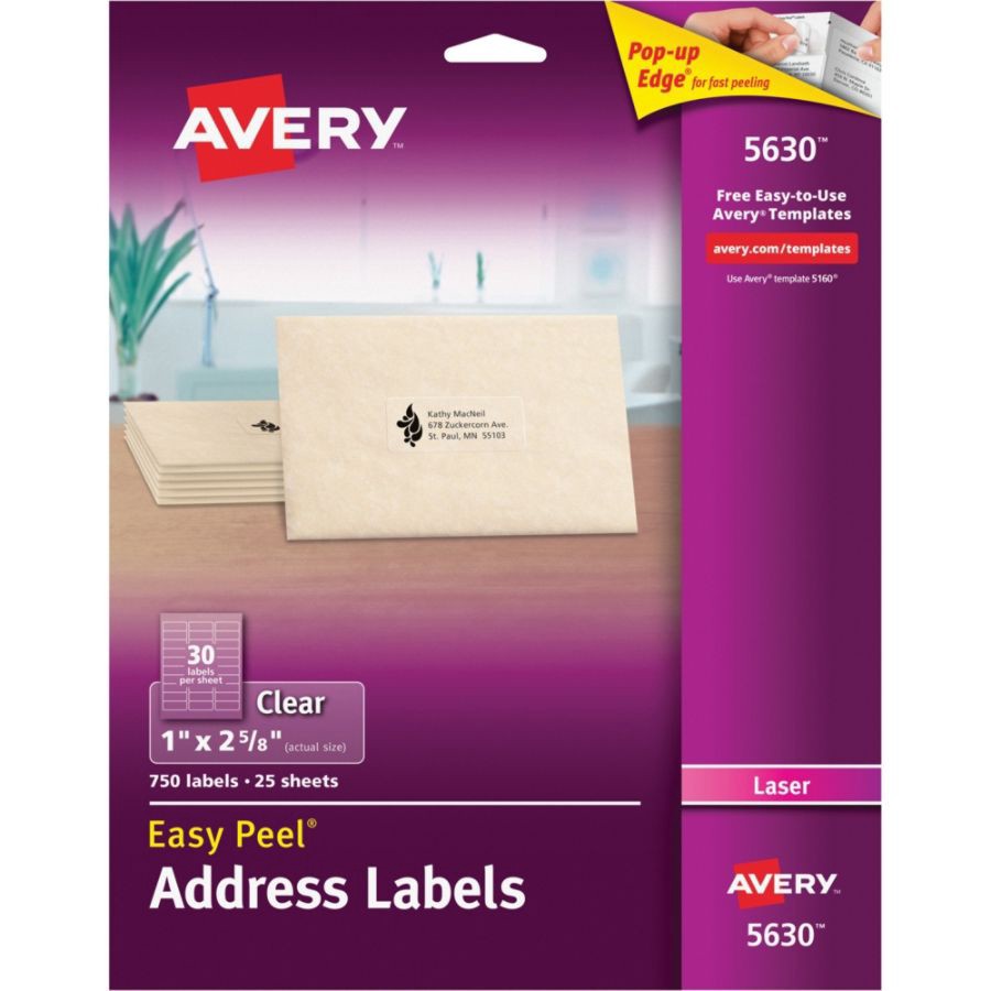 slide 10 of 10, Avery Easy Peel 5630 Permanent Laser Address Labels - Clear, 750 ct