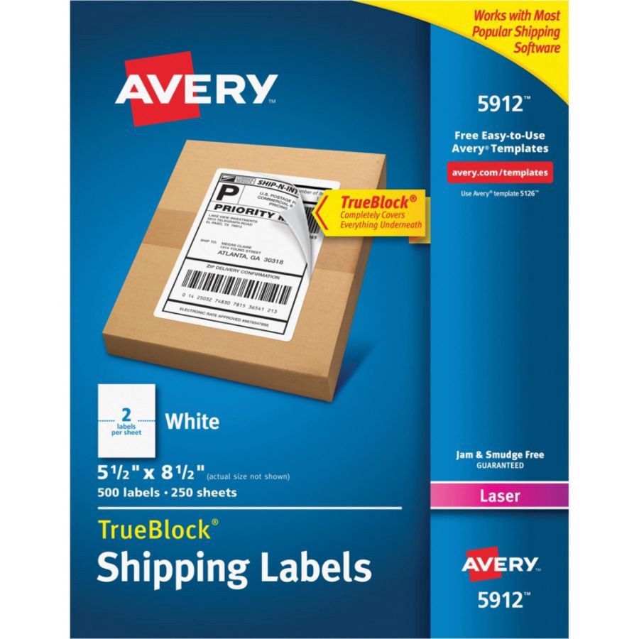 slide 2 of 2, Avery Permanent Shipping Labels with Trueblock Technology, 5912, White, 500 ct; 5.5 in x 8.5 in