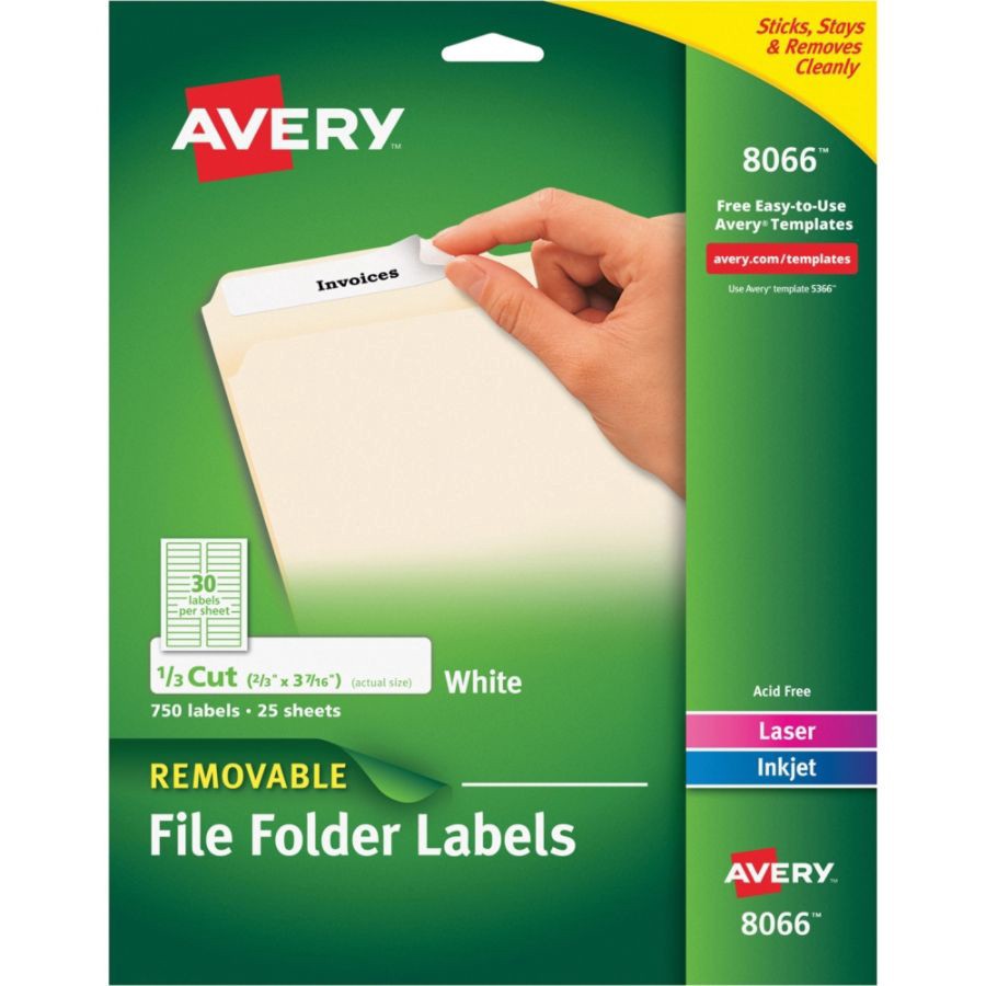 slide 2 of 2, Avery 08066, Removable File Folder Labels, Inkjet/Laser, 2/3 x 3 7/16, White, 750 ct
