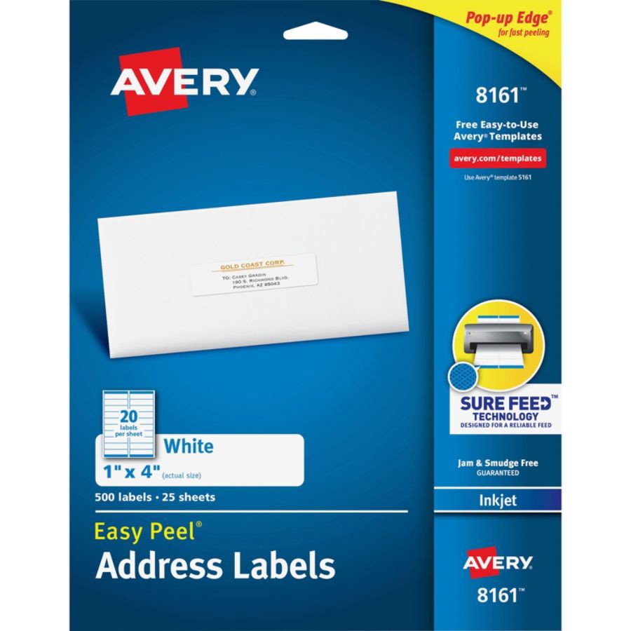 slide 6 of 10, Avery Easy Peel White Inkjet Address Labels, 8161, 500 ct; 1 in x 4 in