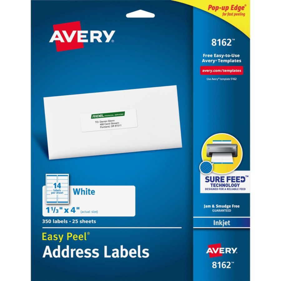 slide 3 of 9, Avery 08162, Easy Peel Inkjet Address Labels, 1 1/3 x 4, White, 350 ct