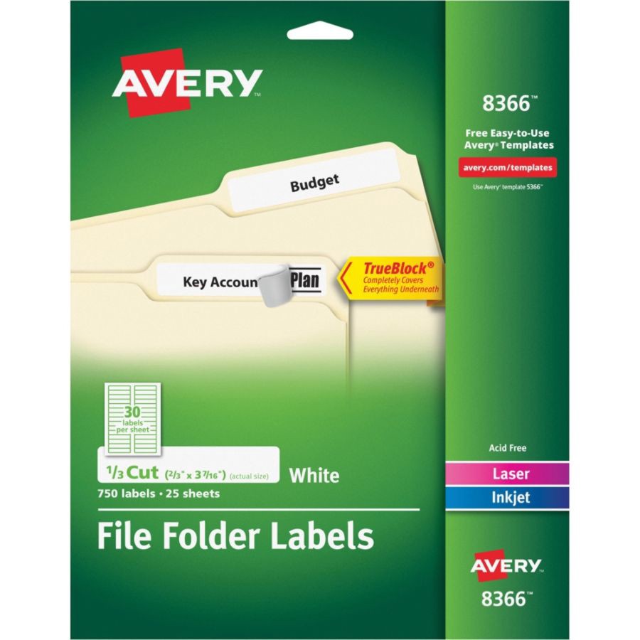 slide 3 of 5, Avery 08366, Permanent File Folder Labels, TrueBlock, Laser/Inkjet, White, 750 ct