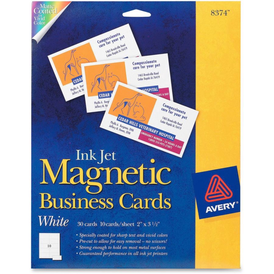 slide 5 of 5, Avery Magnetic Business Cards, Inkjet Compatible, White, Matte Finish, 10 Cards Per Sheet, Pack Of 3 Sheets, 3 ct