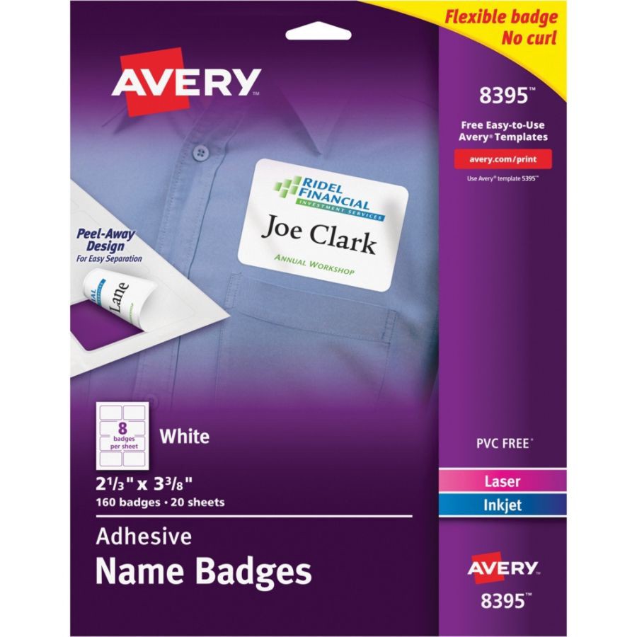 slide 5 of 7, Avery Flexible Self-Adhesive Laser/Inkjet Name Tag Badge Labels, 2 1/3 x 3 3/8, WE, 160 ct