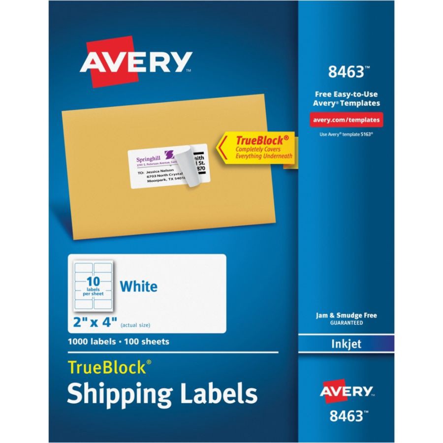 slide 10 of 10, Avery Trueblock Permanent Inkjet Shipping Labels, 8463, White, 1000 ct; 2 in x 4 in