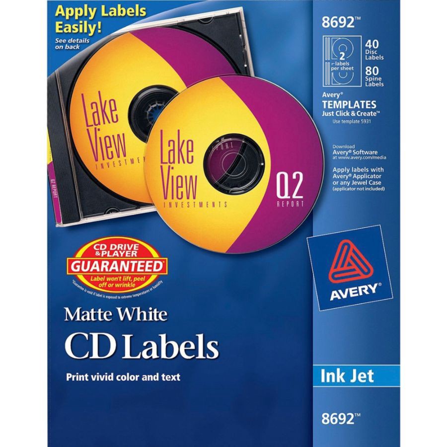 slide 3 of 3, Avery Cd/Dvd Labels, Permanent, 8692, Matte White, Pack Of 40, 40 ct