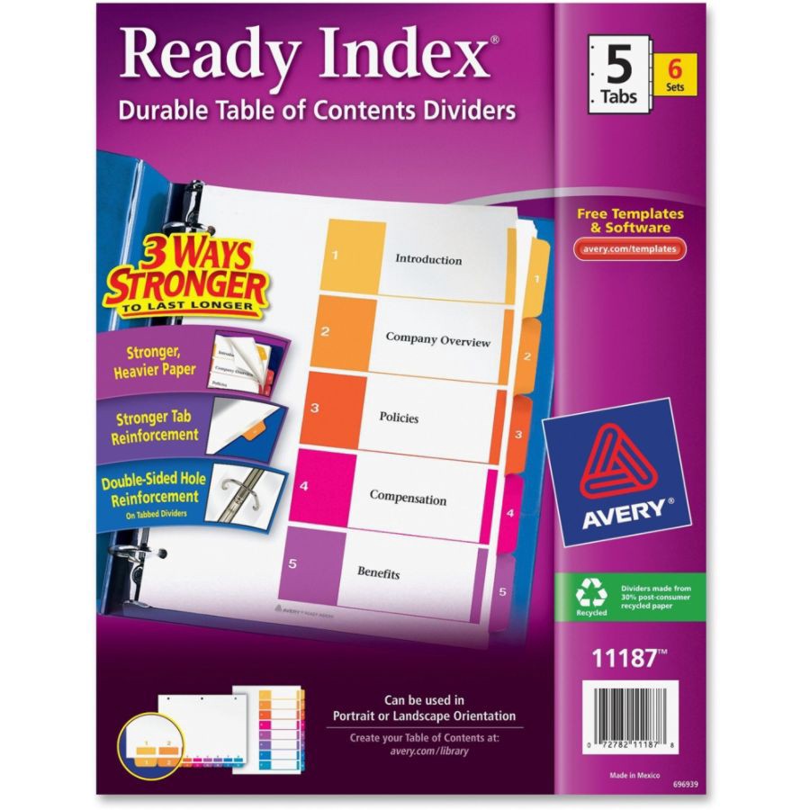 slide 8 of 10, Avery Ready Index 20% Recycled Table Of Contents Dividers, 1-5 Tab, Multicolor, 6 ct