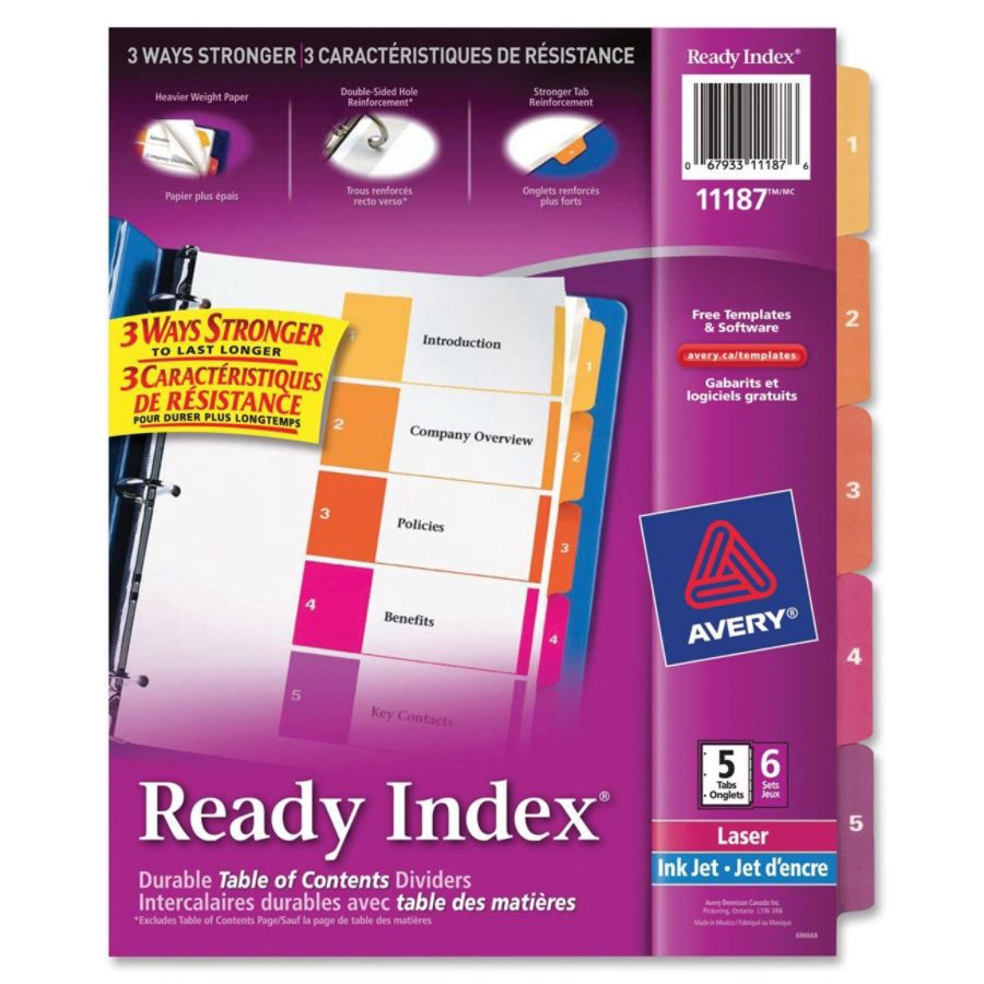 slide 10 of 10, Avery Ready Index 20% Recycled Table Of Contents Dividers, 1-5 Tab, Multicolor, 6 ct