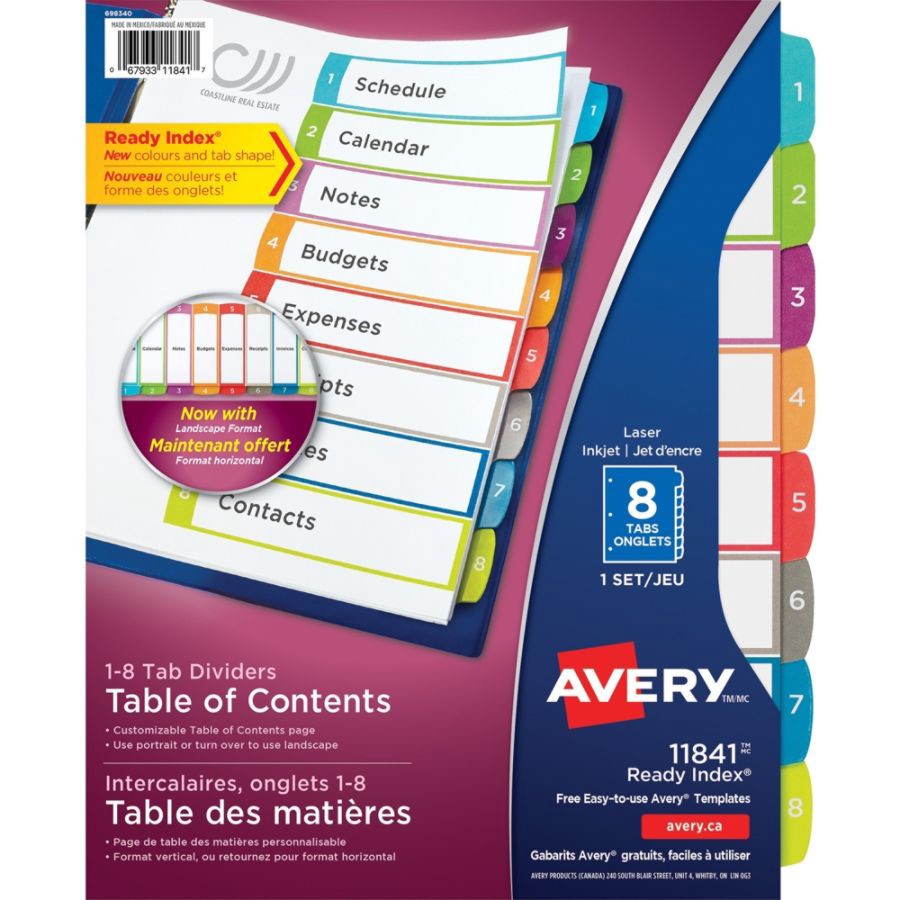 slide 3 of 6, Avery Preprinted Tab Dividers, White/Multicolor, 8 ct; 8 1/2 in x 11 in