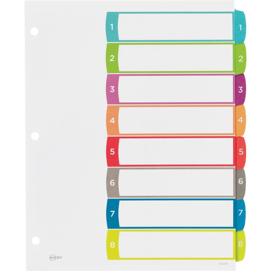 slide 5 of 6, Avery Preprinted Tab Dividers, White/Multicolor, 8 ct; 8 1/2 in x 11 in