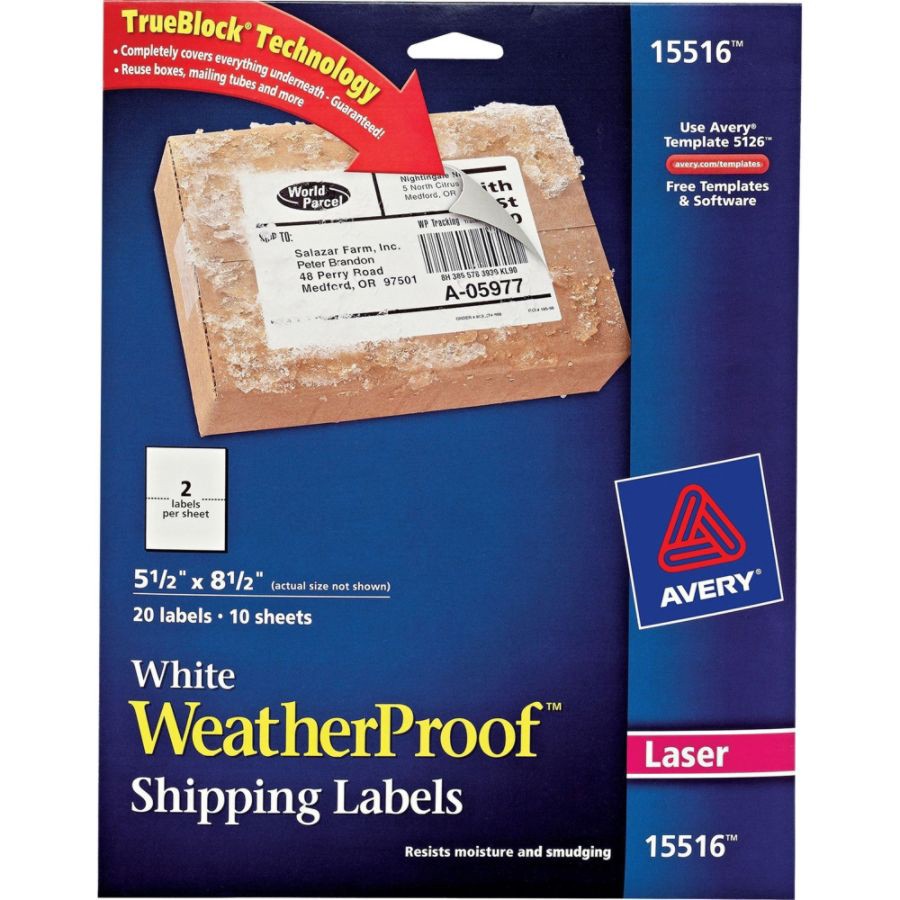 slide 10 of 10, Avery Weatherproof Laser Mailing Labels with Trueblock Technology, 15516, White, 20 ct