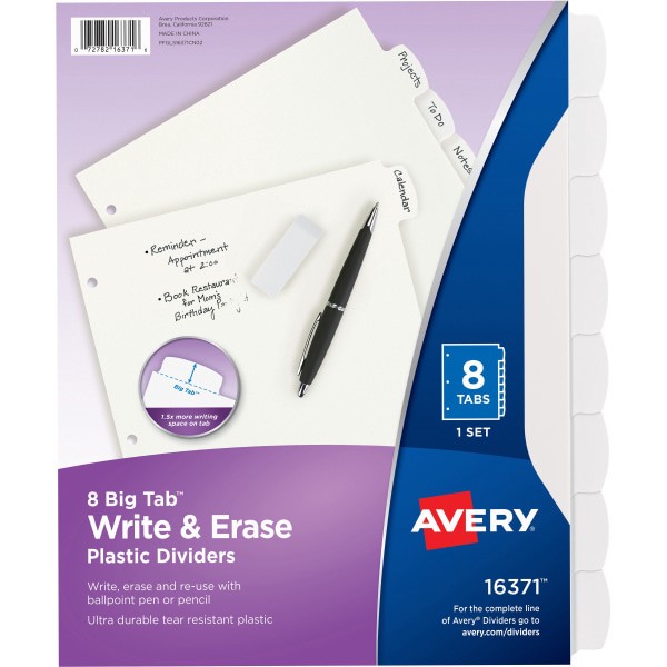 slide 4 of 9, Avery Durable Write-On Plastic Dividers with Erasable Tabs, White, 8 ct; 8 1/2 in x 11 in