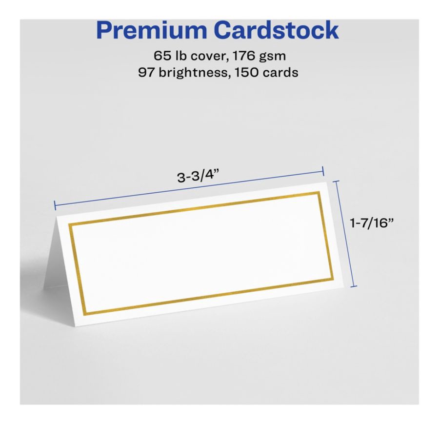 slide 2 of 7, Avery Laser/Inkjet Place Cards, 1 7/16'' X 3 3/4'', Gold Border, Pack Of 150, 150 ct