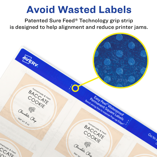 slide 4 of 9, Avery Waterproof Print-To-The-Edge Labels, 64510, 2" X 2", Glossy White, 12 Labels Per Sheet, Pack Of 8 Sheets, 8 ct