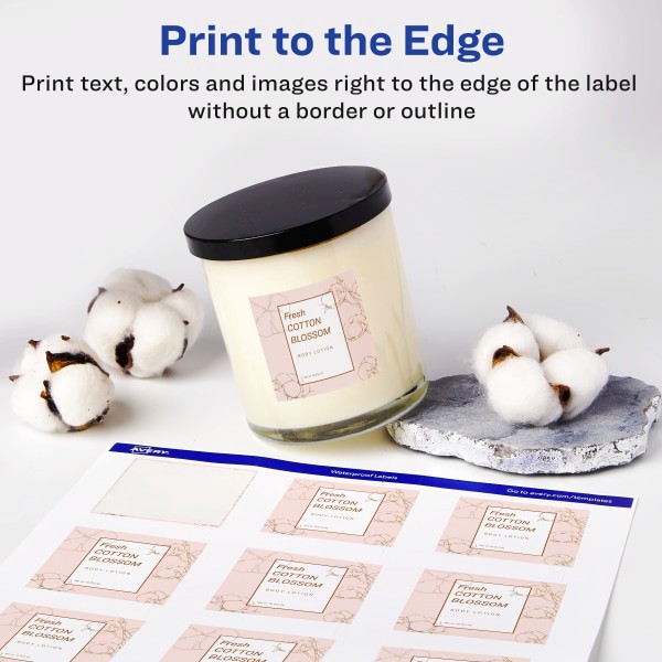 slide 9 of 9, Avery Waterproof Print-To-The-Edge Labels, 64510, 2" X 2", Glossy White, 12 Labels Per Sheet, Pack Of 8 Sheets, 8 ct