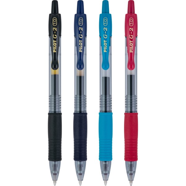 slide 5 of 5, Pilot G2 Premium Gel Roller Pens, Bold Point, 1.0 Mm, Clear Barrels, Assorted Ink Colors, Pack Of 4 Pens, 4 ct