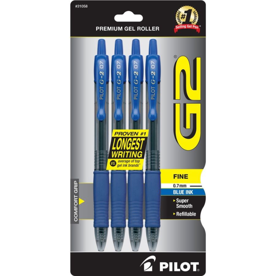 slide 4 of 5, Pilot G-2 Retractable Gel Pens, Fine Point, 0.7 Mm, Clear Barrels, Blue Ink, Pack Of 4, 4 ct