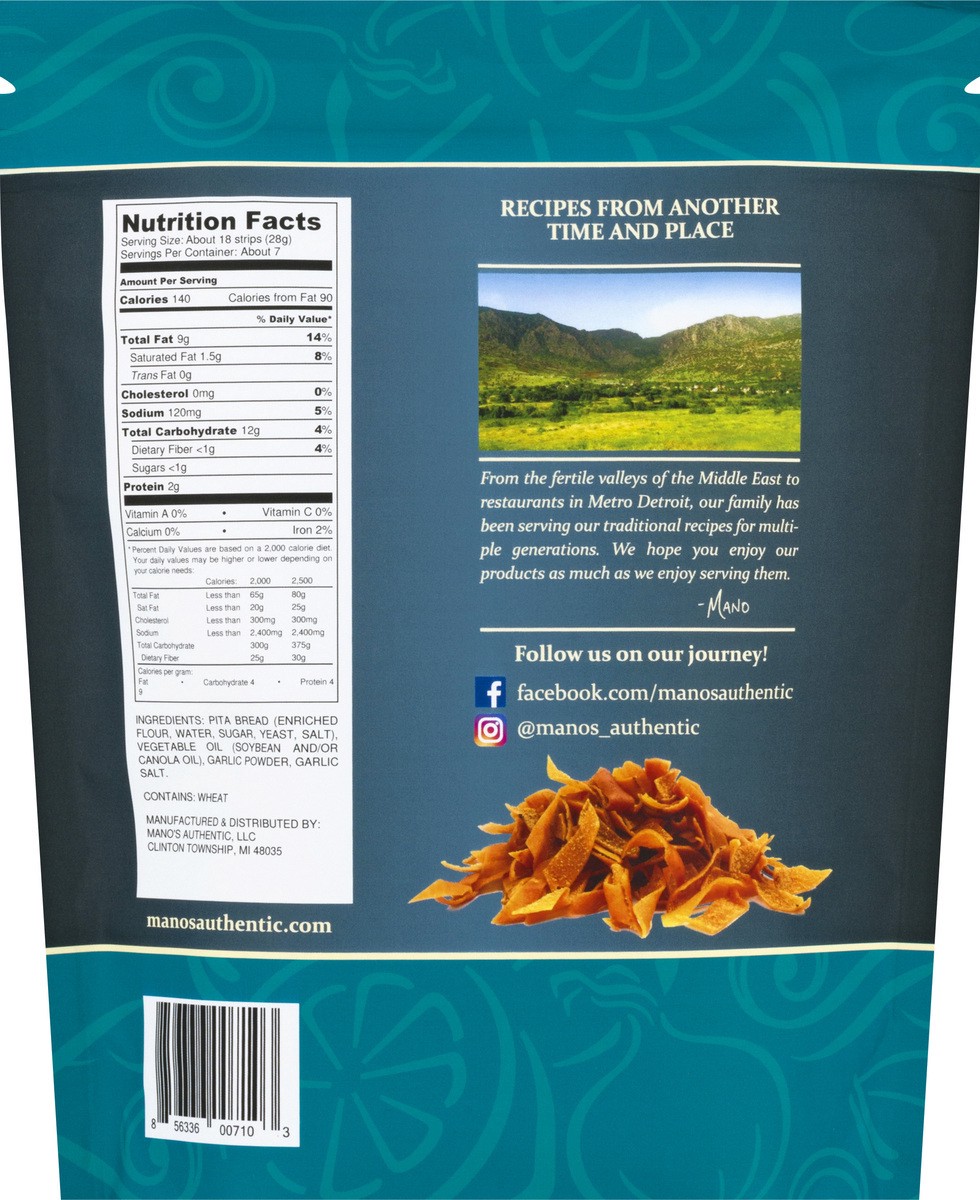 slide 2 of 12, Mano's Manos Garlic Salt Pita Strips, 6.5 oz