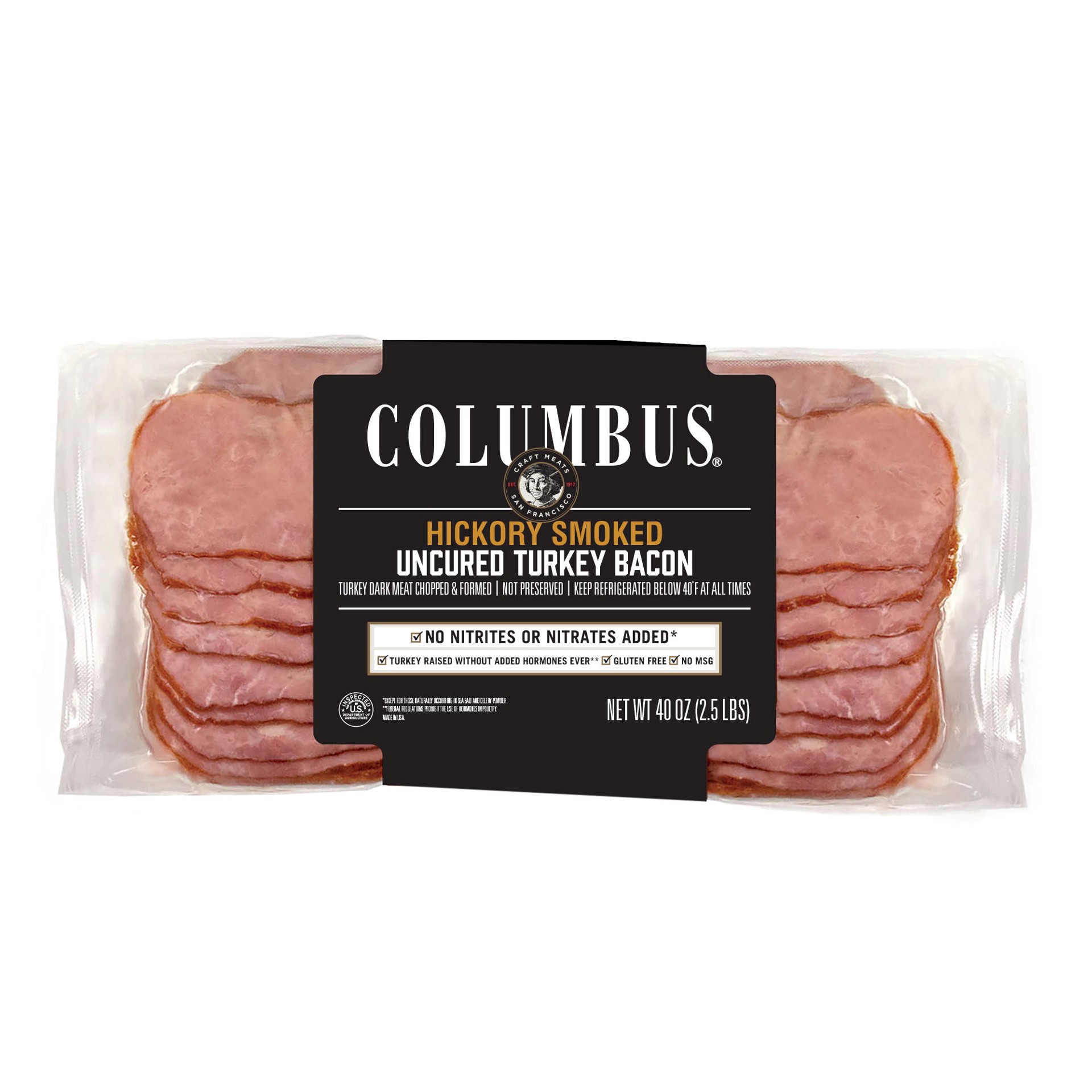 slide 1 of 2, Columbus Uncured Turkey Bacon, Hickory Smoked, Sliced, 2.5 lbs, 