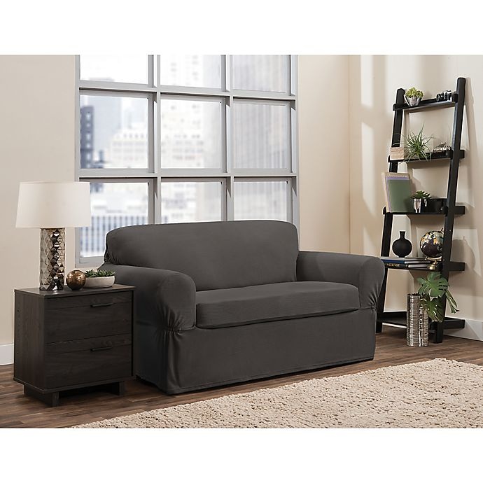 slide 1 of 6, Smart Fit Portland Stretch Loveseat Slipcover - Charcoal, 2 ct