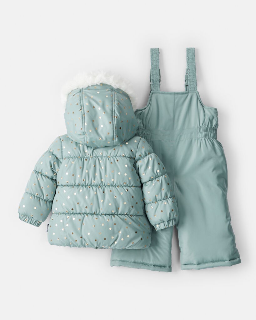 slide 6 of 6, Oshkosh Baby Girl 2-Piece Polka Dot Hooded Snowsuit Jacket & Bib Set - Green Turquoise 18M, 2 pc