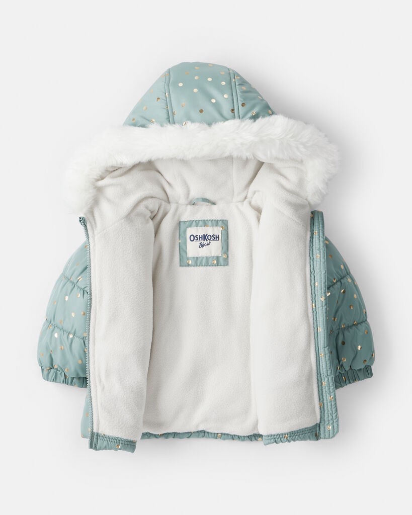 slide 2 of 6, Oshkosh Baby Girl 2-Piece Polka Dot Hooded Snowsuit Jacket & Bib Set - Green Turquoise 18M, 2 pc