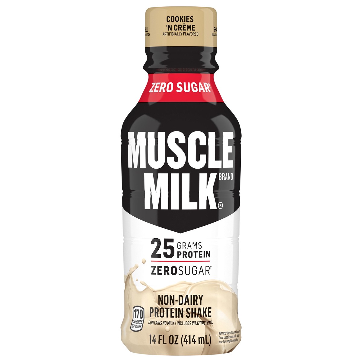 slide 1 of 7, Muscle Milk Genuine Non-Dairy Protein Shake Cookies 'N Creme Artificially Flavored 14 Fl Oz, 14 fl oz