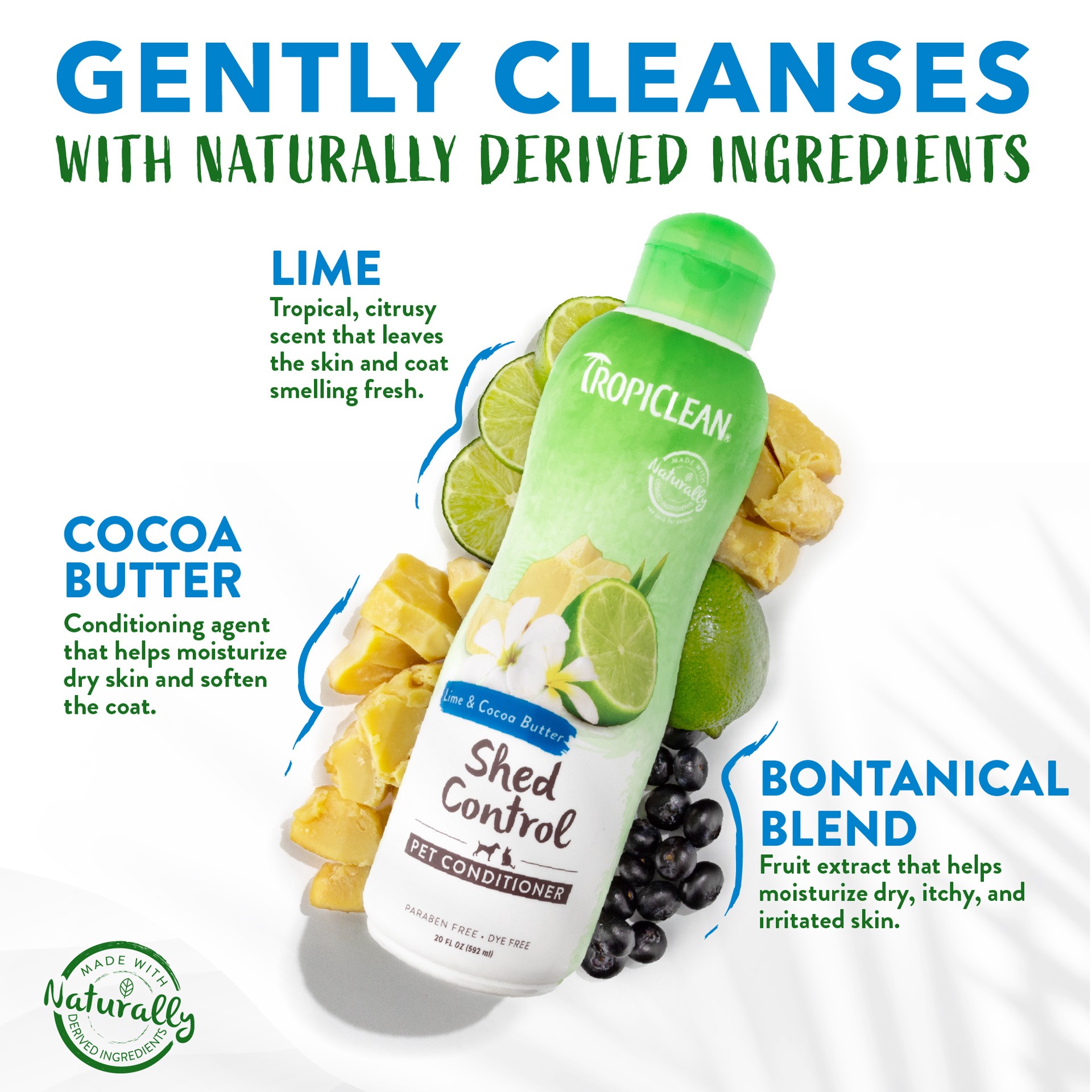 slide 6 of 10, TropiClean Lime & Cocoa Butter Shed Control Conditioner for Pets, 20oz, 20 oz