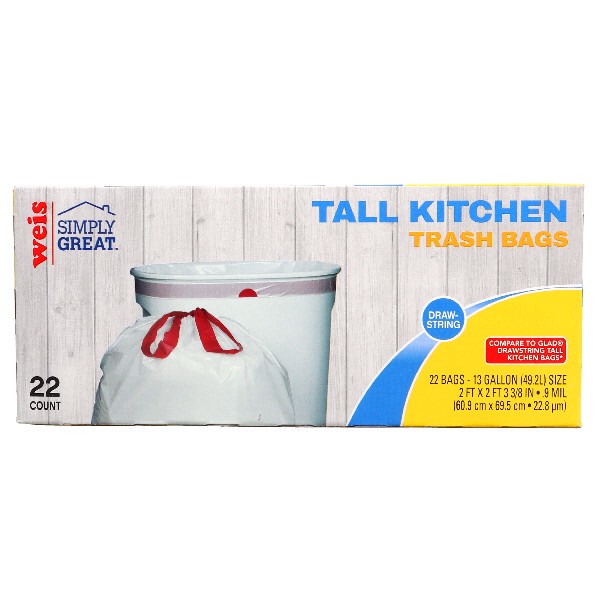 slide 1 of 1, Weis Quality 13 Gallon Tall Kitchen Bags with Drawstrings, 22 ct