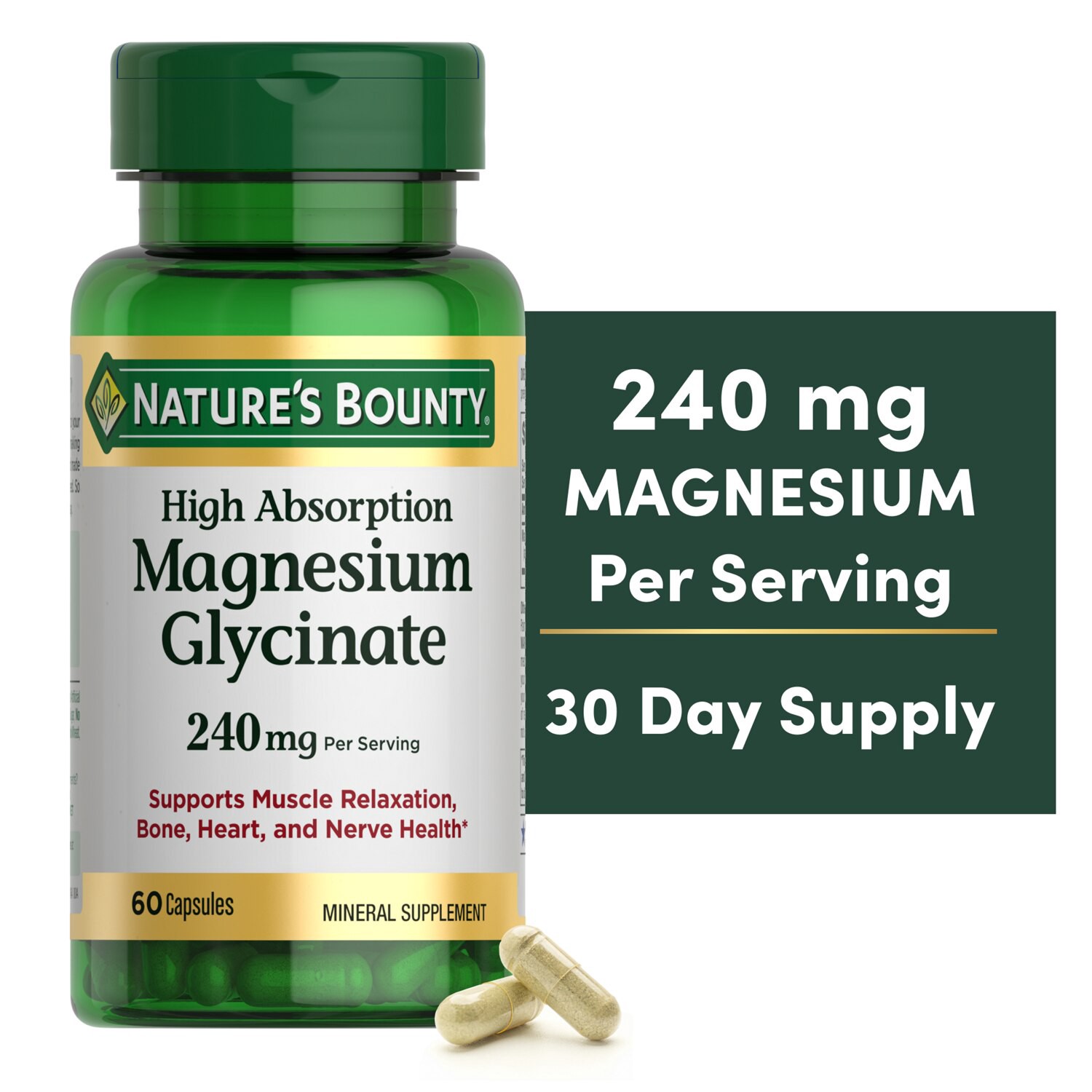 slide 4 of 6, Nature's Bounty High Absorption Magnesium Glycinate Supplements, 240mg, Supports Muscle Relaxation, 60 ct