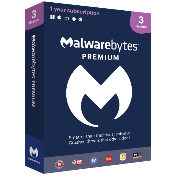 slide 2 of 3, Malwarebytes Premium, For 3 Devices, 1-Year Subscription, For Pc/Mac/Android, Product Key, 1 ct