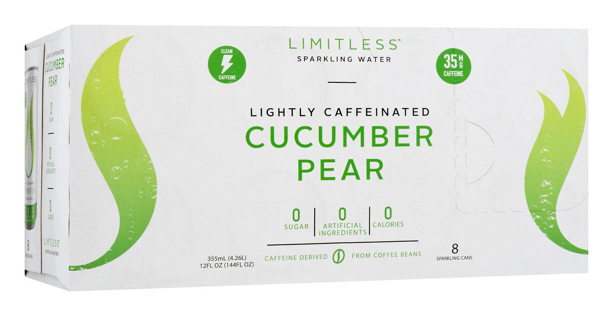 slide 9 of 11, LIMITLESS Refresh Lightly Caffeinated Sparkling Water, Cucumber Pear, 12 Fl oz Cans, 8 Pack, 12 fl oz