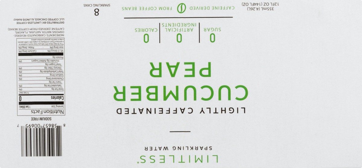 slide 10 of 11, LIMITLESS Refresh Lightly Caffeinated Sparkling Water, Cucumber Pear, 12 Fl oz Cans, 8 Pack, 12 fl oz