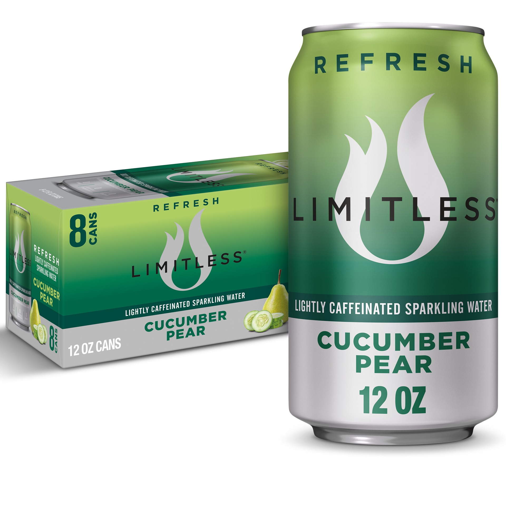 slide 1 of 11, LIMITLESS Refresh Lightly Caffeinated Sparkling Water, Cucumber Pear, 12 Fl oz Cans, 8 Pack, 12 fl oz