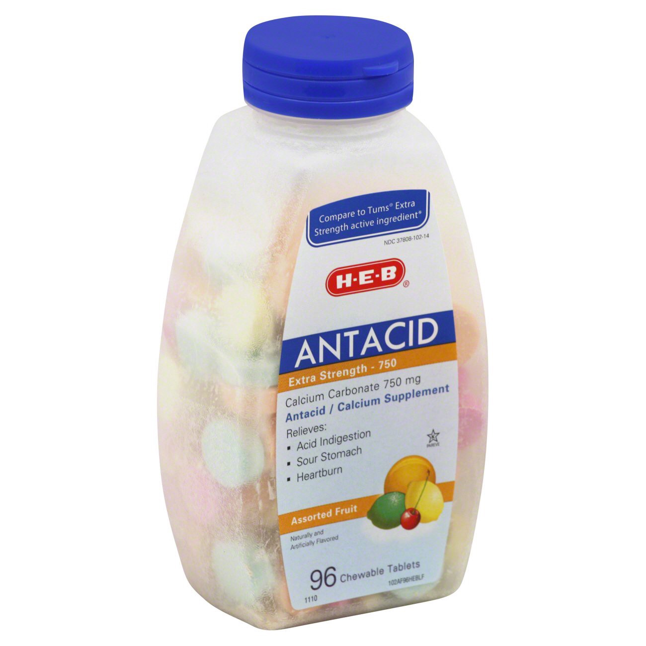 slide 1 of 1, H-E-B Extra Strength Antacid Assorted Fruit Chewable Tablets 750 mg, 96 ct